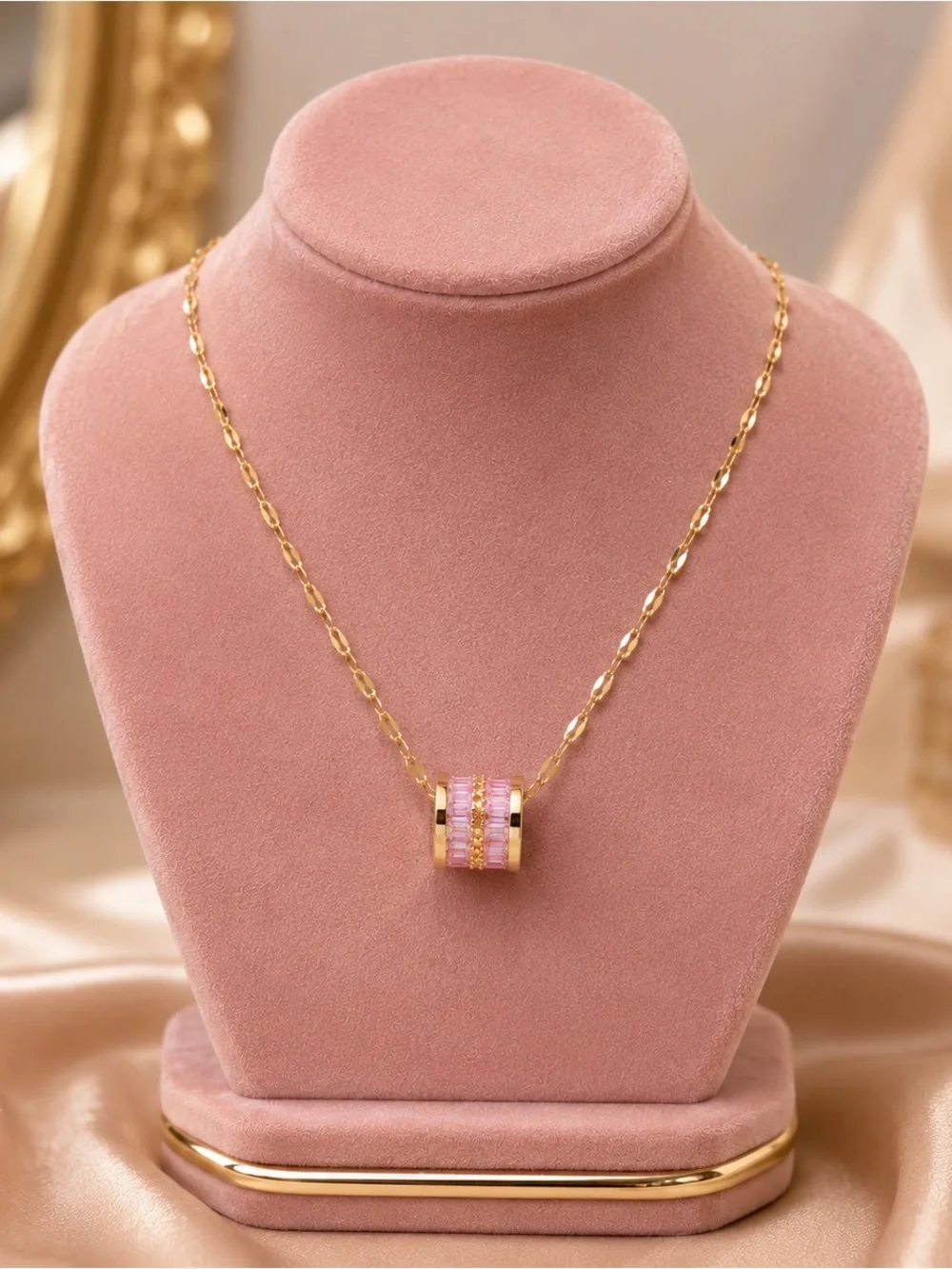 Gold-Plated Pink Crystal Pendant Necklace Y2K